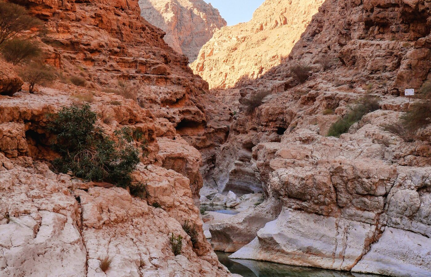 Turquoise pools between the canyon walls of Wadi Shab