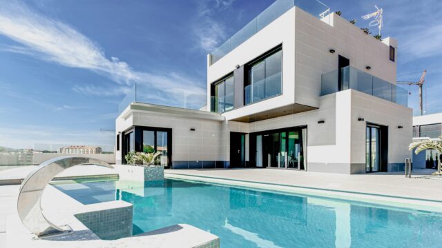 Modern villa exterior at dusk